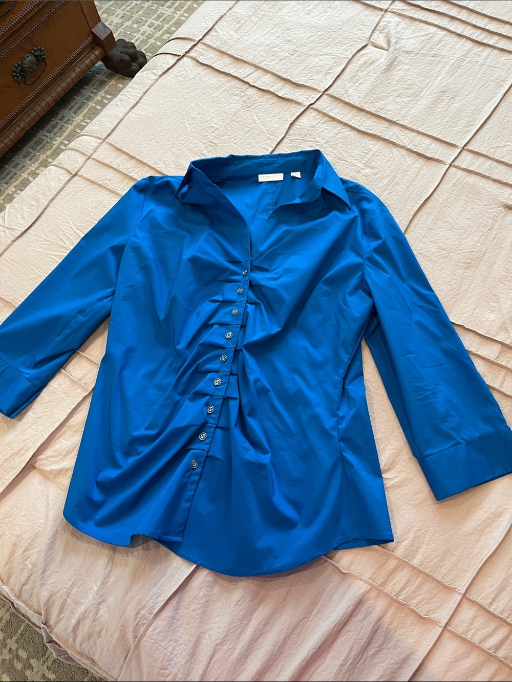 New York & Company Cobalt Blue Gathered Ruched Button-Front Shirt
